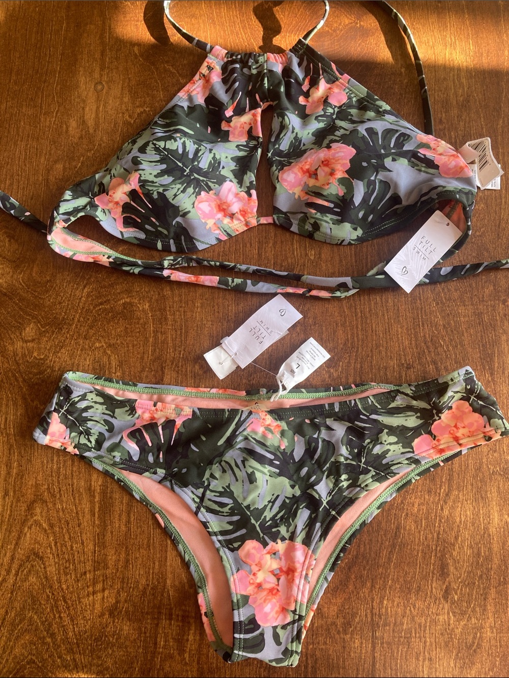 Full Tilt Green Tropical Floral Bikini Set - Pink Flowers
